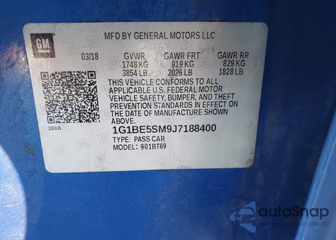 2018 Chevrolet Cruze Lt Auto из США, поврежденный, VIN 1G1BE5SM9J7188400